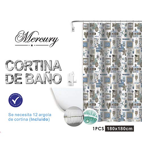 MERCURY TEXTIL- Cortina de baño de diseño Moderno, Tela Impermeable, Resistente y antimoho. Cortina de Ducha para baño 180X180cm. (Ocean)