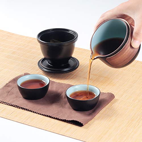 Mini juego de tetera de cerámica china Kung Fu, 1 tetera, 2 tazas de porcelana con infusor de té, bolsa portátil para picnic al aire libre negro