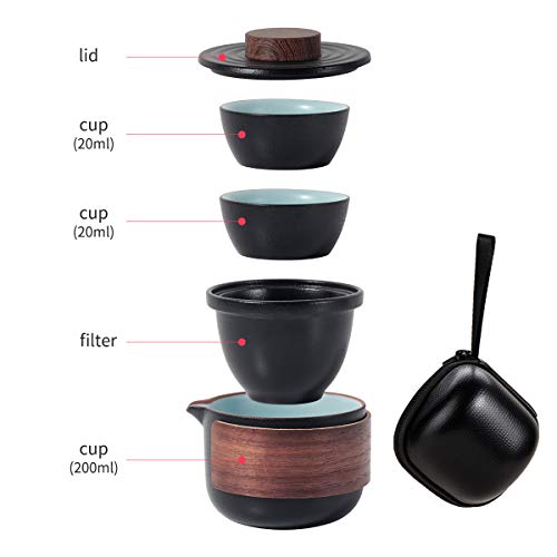 Mini juego de tetera de cerámica china Kung Fu, 1 tetera, 2 tazas de porcelana con infusor de té, bolsa portátil para picnic al aire libre negro