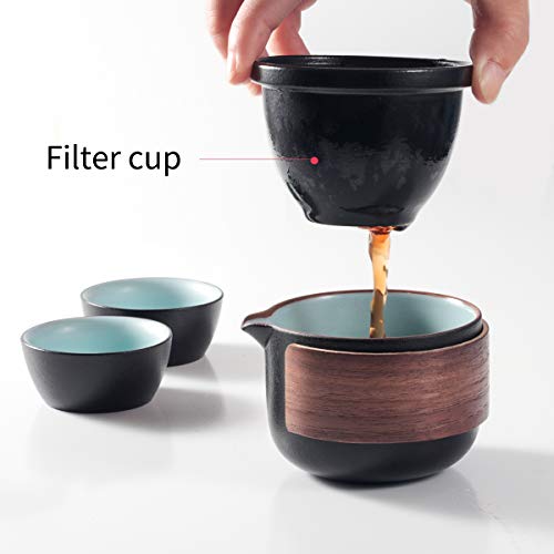 Mini juego de tetera de cerámica china Kung Fu, 1 tetera, 2 tazas de porcelana con infusor de té, bolsa portátil para picnic al aire libre negro