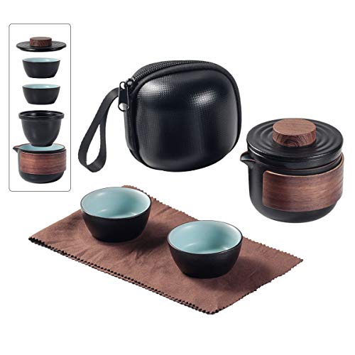 Mini juego de tetera de cerámica china Kung Fu, 1 tetera, 2 tazas de porcelana con infusor de té, bolsa portátil para picnic al aire libre negro