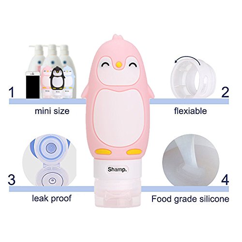 MUUZONING Pingüino Lindo Botellas de Viaje de Silicona, 100% BPA Gratis Recipientes rellenables portátiles a Prueba de Fugas para, Acondicionador,Loción, artículos de tocador(4 * 90ml)