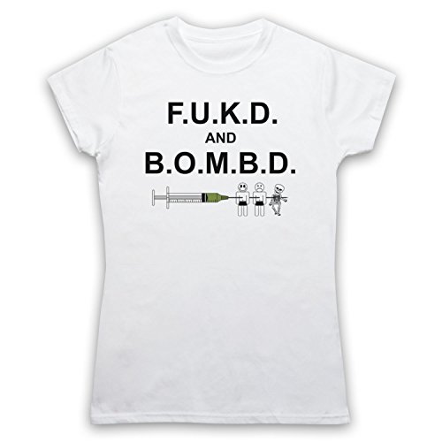 My Icon Art & Clothing Brass FUKD y BOMBD como gastado icónico Morris Comedy TV camiseta para mujer Blanco blanco L