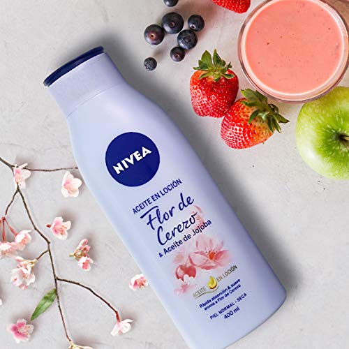 NIVEA Aceite en Loción Flor de Cerezo & Aceite de Jojoba (1 x 400 ml), loción corporal de rápida absorción, loción para el cuidado de la piel seca y normal