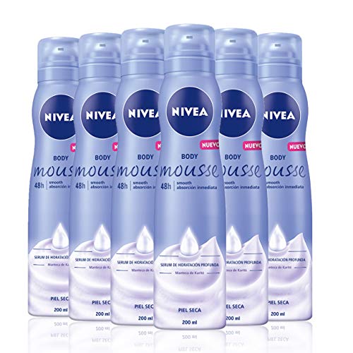 NIVEA Body Mousse Smooth en pack de 6 (6 x 200 ml), mousse de hidratación profunda para piel seca, mousse corporal de rápida absorción con manteca de karité