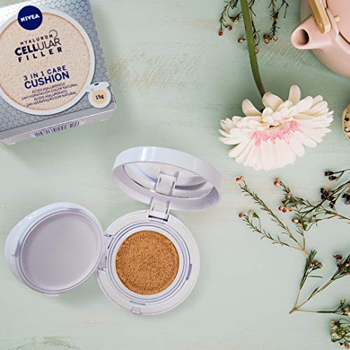 NIVEA Hyaluron Cellular Filler 3en1 Cushion Tono Medio (1 x 15 ml), cushion con pigmentos de color, cuidado facial antiedad con protección solar 15 para una piel radiante (84229)