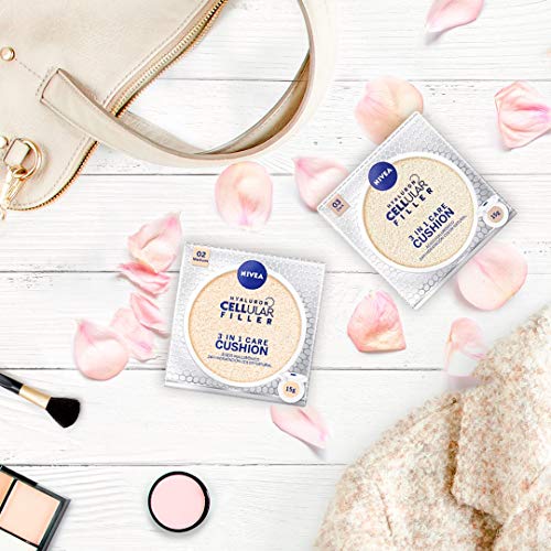 NIVEA Hyaluron Cellular Filler 3en1 Cushion Tono Oscuro (1 x 15 ml), cushion con pigmentos de color, cuidado facial con protección solar 15 para una piel radiante