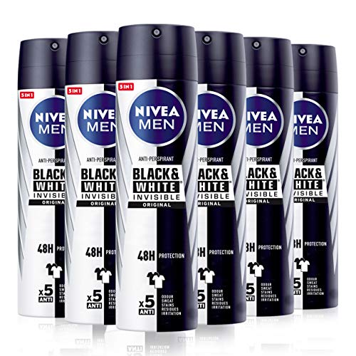 NIVEA MEN Black & White Invisible Original Spray en pack de 6 (6 x 200 ml), desodorante antimanchas de cuidado masculino, desodorante invisible para cuidar piel y ropa