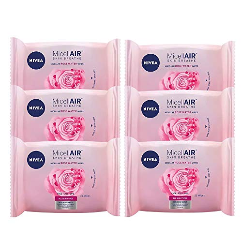 NIVEA MicellAIR Toallitas Desmaquilladoras Micelares con Agua de Rosas en pack de 6 (6 x 25 uds), toallitas de limpieza facial con tecnología micelar para una piel suave