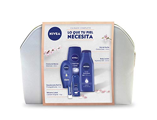 NIVEA Neceser Body Cuidado Completo con body milk 1 x 400 ml, crema de manos 1 x 100 ml, desodorante roll on 1 x 50 ml, gel de ducha 1 x 250 ml y bálsamo labial