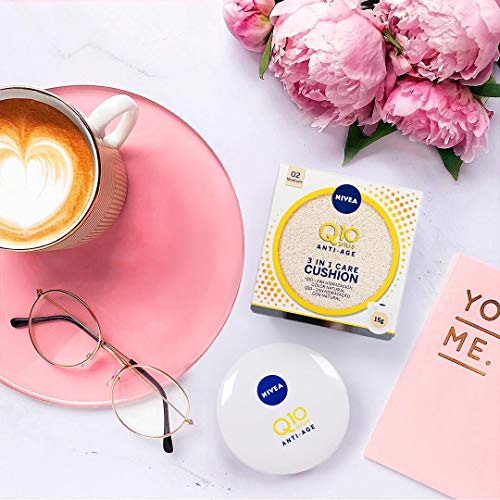 NIVEA Q10 3en1 Cushion, Perfeccionador Facial Hidratante y Antiedad con Protector Facial, Tono 02 Medio - 15 gr