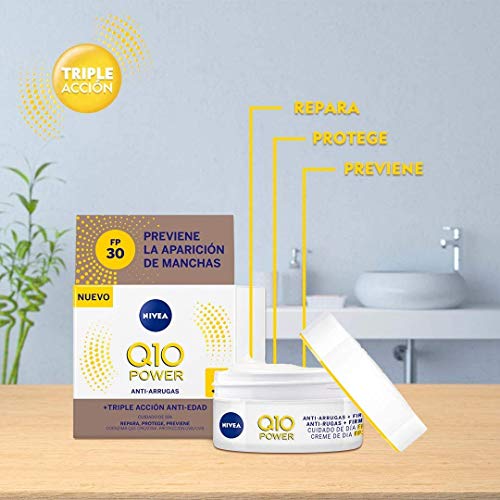 NIVEA Q10 Power Antiarrugas Cuidado de Día Triple Defensa FP30 (1 x 50 ml), crema hidratante antiarrugas, crema facial con protector solar 30, crema de día