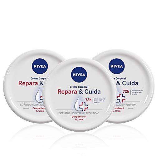 NIVEA Repara & Cuida Crema Corporal en pack de 3 (3 x 300 ml), 72 horas alivio para el cuidado de la piel muy seca, crema hidratante con sérum, crema reparadora