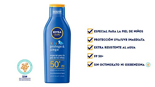 Nivea Sun Leche Solar Niños Protege Juega FP50+ (1 x 200 ml) protector solar infantil resistente al agua, protección solar muy alta