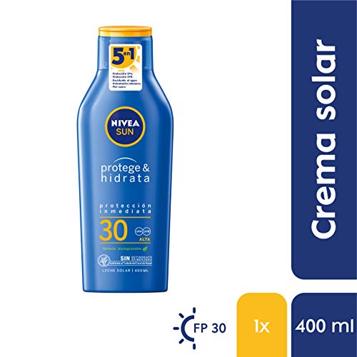 NIVEA SUN Protege & Hidrata Leche Solar FP30 (1 x 400 ml), protector solar hidratante y resistente al agua con protección UVA/UVB, protección solar alta