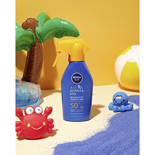 Nivea Sun Spray Solar Niños Protege Juega FP50+ (1 x 300 ml) pistola spray solar hidratante resistente al agua, protector solar infantil, protección solar muy alta