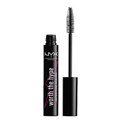 NYX Professional Makeup Máscara de pestañas Worth the Hype Waterproof Mascara, Volumen y longitud, Cepillo de punta cónica llega a todas las pestañas, Aceite de jojoba, Tono: Negro