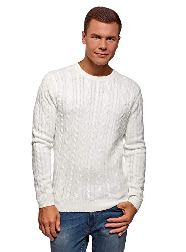 oodji Ultra Hombre Jersey de Punto Texturizado con Trenzas, Blanco, ES 56 / XL