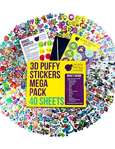 Pegatinas 3D para Niños de Purple Ladybug - Lote de 40 Hojas Diferentes y Más de 950 Stickers Infantiles - Animales, Letras, Números, Calcomanías Emoji! Muestra Gratuita Incluída