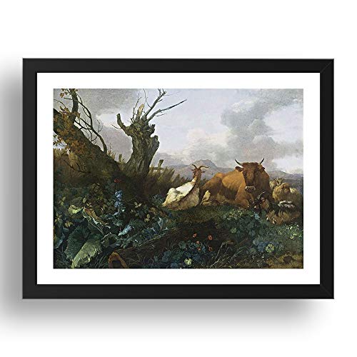 Period Prints ROMEIJN, Willem: Vaca, cabras y ovejas en un prado, arte vintage, impresión histórica, reproducción A3 en marco negro de 17 x 13 cm