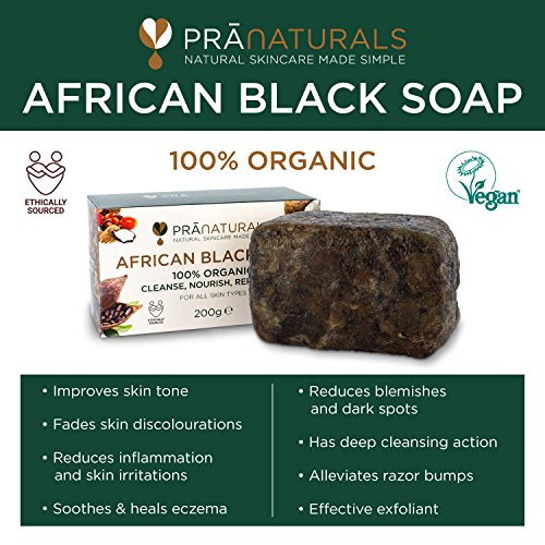 PraNaturals Jabón Negro Africano 200g, Orgánico y Vegano para Todo Tipo de Pieles, de Origen y Artesanal en Ghana Tropical, Tratamiento Natural Desintoxicante y Antienvejecimiento para Cuerpo y Cara