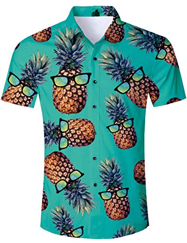 RAISEVERN Gafas de piña para Hombre, Camisa de Manga Corta Hawaiana Aloha, Pantalones Cortos XL