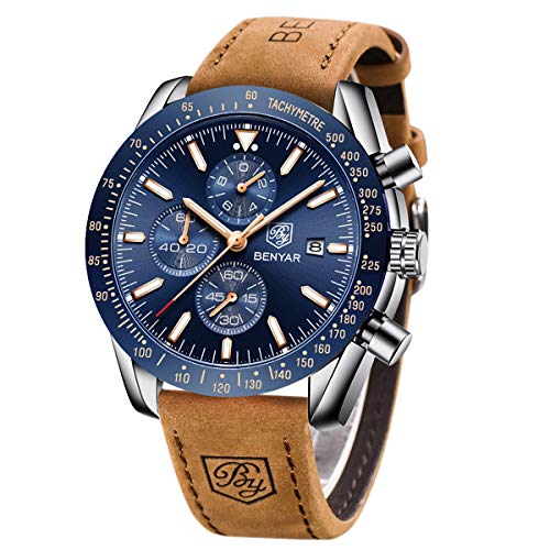 Relojes Hombre BENYAR Cronógrafo Analógico Cuarzo 3AMT Impermeable Pulsera de Cuero Deporte Watch Business Casual Relojes de Pulsera Regalo Elegante