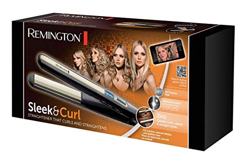 Remington S6500 Sleek & Curl - Plancha de Pelo, Cerámica Avanzada, Digital, Placas Estrechas Extra Largas, Negro y Dorado