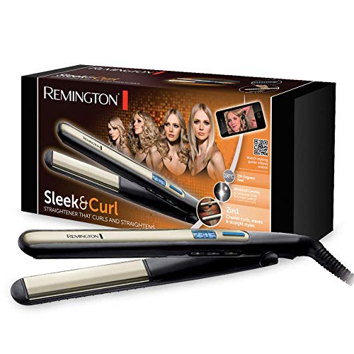 Remington S6500 Sleek & Curl - Plancha de Pelo, Cerámica Avanzada, Digital, Placas Estrechas Extra Largas, Negro y Dorado