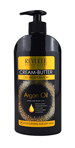 Revuele Crema de mantequilla Aceite de argán Hidratante para regenerar el cuerpo y las manos para todo tipo de pieles Formato grande 400 ml para toda la familia Made in EU