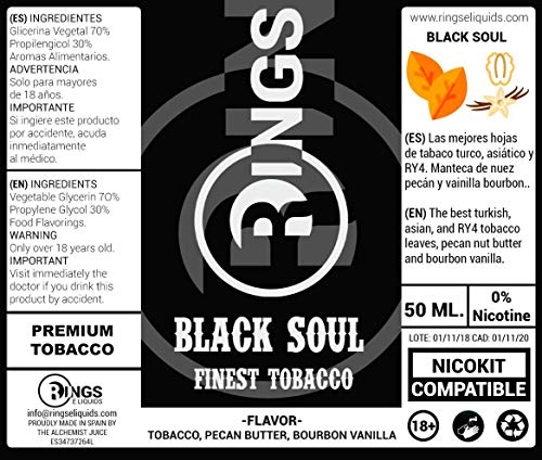 Rings E-Liquid Black Soul 50ml 70VG/30PG Líquido vaper sin nicotina sabor a Tabaco con Manteca de Nuez de Pecán y Vainilla