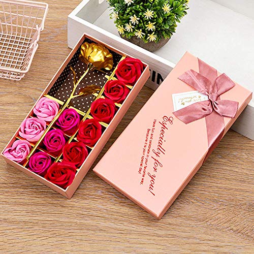 Románticos regalos 12 piezas Jabón rosa y hoja de oro de 24 k Flores de pétalos de rosa con caja de regalo (Rosa)