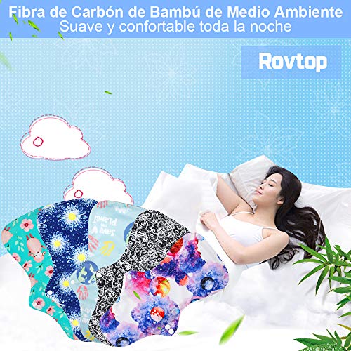 Rovtop 5PCS 35 cm Reutilizables de Carbón de Bambú para Noche - Almohadilla Menstrual Reutilizable Compresa Super Larga para el Cuidado Nocturno, Deportivo y Posparto + 1 Bolsa de Transporte Mini