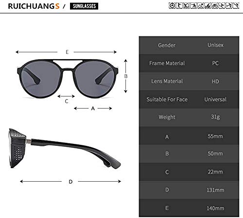 RUICHUANGS Retro Redondas Gafas De Sol Steampunk Hombres Mujeres, UV 400 Protección Lateral Marco De Metal,Negro