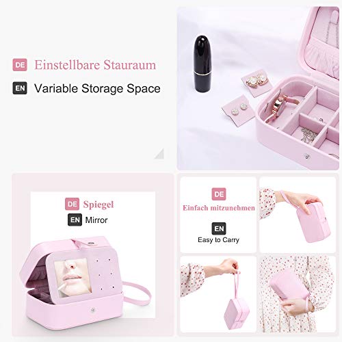 Seelux Caja Joyero Pequeña con Correa de Mano Viaje Cajas para Joyas Jewelry Organizer para Mujer, para Anillos, Aretes, Pendientes, Pulseras y Collares Rosa