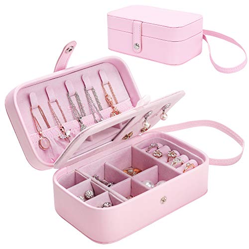 Seelux Caja Joyero Pequeña con Correa de Mano Viaje Cajas para Joyas Jewelry Organizer para Mujer, para Anillos, Aretes, Pendientes, Pulseras y Collares Rosa