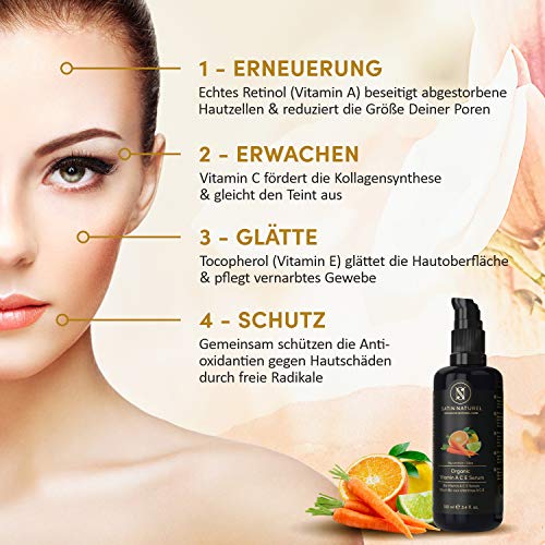 Serum Facial de Vitamina ACE ORGÁNICO 3 VECES MAYOR 100ml - Hidratante Facial Mujer Contorno de Ojos con Acido Hialuronico y Aloe Vera - Despigmentante Antimanchas Antiarrugas - Hecho en Alemania