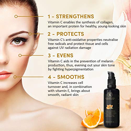 Serum Facial de Vitamina C ORGÁNICO con Acido Hialuronico 50ml - Doble Complejo MEJORADO 30% Vitamina C + E y Aloe Vera - Uso con Crema Hidratante Facial Mujer - Hecho en Alemania