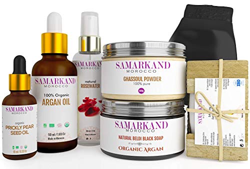 Set Hammam Marroquí de Exfoliación e Hidratación Corporal con Jabón Negro Natural, Aceite de Argán y Aceite de Higo Chumbo ECOLÓGICOS, Ghassoul BIO, Agua de Rosas, Jabón con Aceite de Argán y Guante