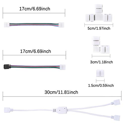 SIGHTLING 5050 Kit de conector de tira de luz LED RGB de 4 pines incluye Cable divisor de 2 vías,conectores en forma de L,Clips de tira de luz de LED, Conectores sin tapa