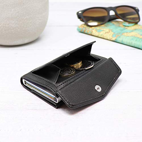 STEALTH WALLET Portatarjetas RFID Minimalista - Carteras de Tarjetas de Crédito de Metal Delgado y Ligero con Bloque NFC (Aluminio Plateado con Cuero Negro y Bolsillo para Monedas)