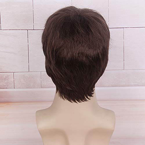 STfantasy Pelucas Hombre Marrón Flequillo Rizado Corta Natural Sintético Pelucas de pelo para hombre uso diario Carnaval Disfraz Fiesta Halloween