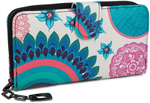 styleBREAKER Monedero con Motivo de Flores étnicas y floración, diseño Vintage, Cremallera, Mujeres 02040040, Color:Blanco-Azul-Turquesa