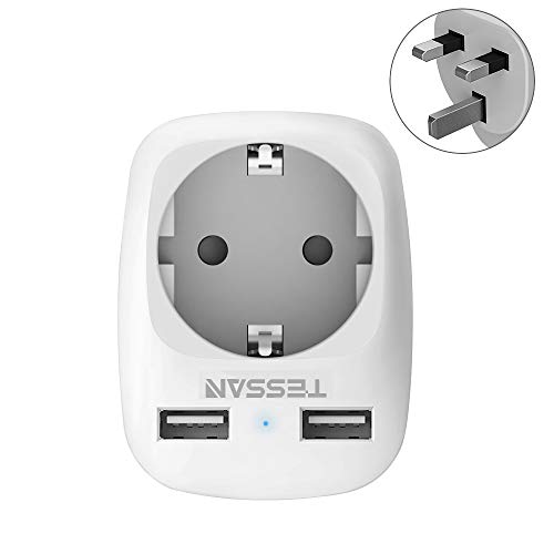 TESSAN Adaptador Enchufe Ingles UK Inglaterra Adaptador de Viaje con 2 USB (2.4A), Español 2 Patas Europa hacia 3 Patas Reino Unido RU para Irlanda Escocia Britanico Maldivas（Tipo G） Blanco