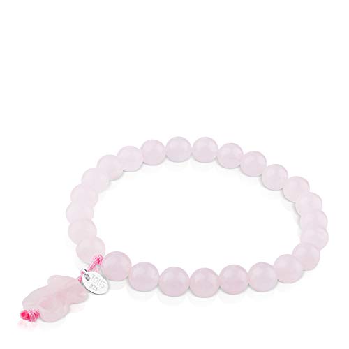 TOUS Pulsera ajustable de mujer de cuarzo rosa y placa de plata de primera ley, Diámetro 16 cm.