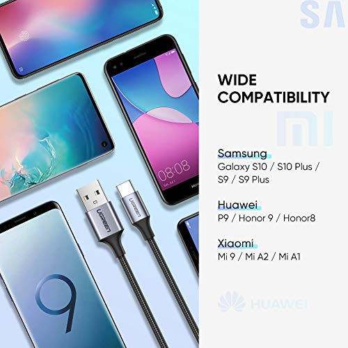 UGREEN Cable USB C, 3A Cable USB Tipo C a USB A 2.0 Nylon Trenzado Carga Rápida para Samsung S20 S10 S9 A50, Galaxy Tab, Xiaomi Redmi 9, Note 7, 8, Mi 9, A2, A1, Mi 6, Pocophone F1, LG G6, 1 Metro