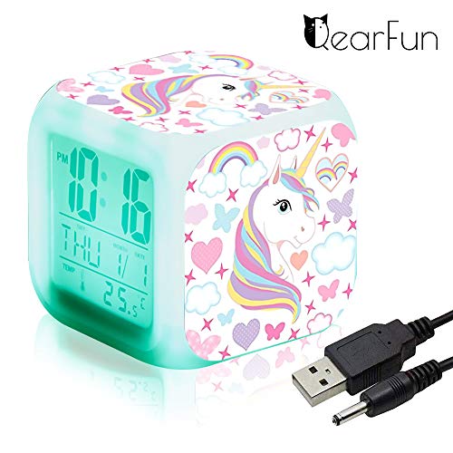 Unicornio Relojes de alarma digitales para niñas, LED de noche que brilla intensamente Reloj LCD con luz para niños Despertar Reloj de cabecera Regalos de cumpleaños para niños Mujeres Dormitorio (7)