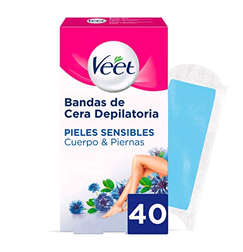 Veet Bandas de Cera Fria Depilatoria para Depilación de Cuerpo y Piernas con Aceite de Almendras, Easy Gelwax, Pieles Sensibles, 40 Bandas