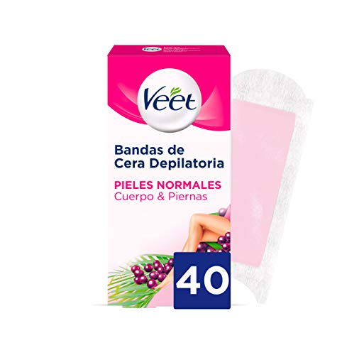 Veet Bandas de Cera Fría Depilatoria para Depilación de Cuerpo y Piernas con Manteca de Karité y Bayas de Açaí, Easy Gelwax, Pieles Normales, 40 Bandas (3035224)