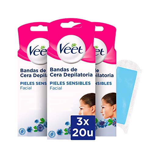 Veet Bandas de Cera Fria Depilatoria para Depilación Facial con Aceite de Almendras y Aroma de Aciano, Easy Gelwax, Pieles Sensibles, 3 x 20 Bandas, Total 60 Unidades